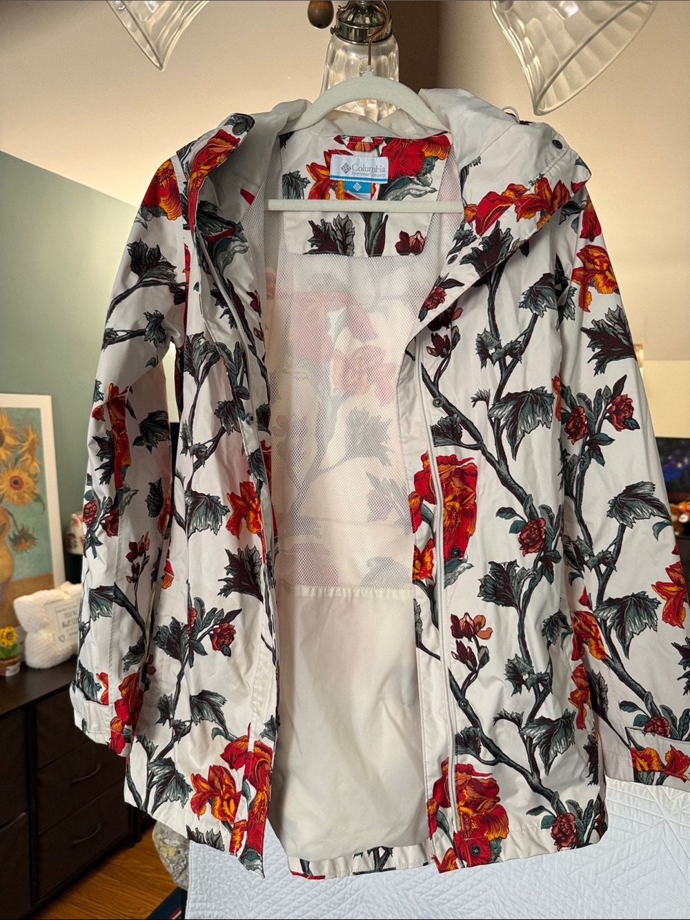 Rare Columbia White Floral Rain Jacket with Red & Green Print